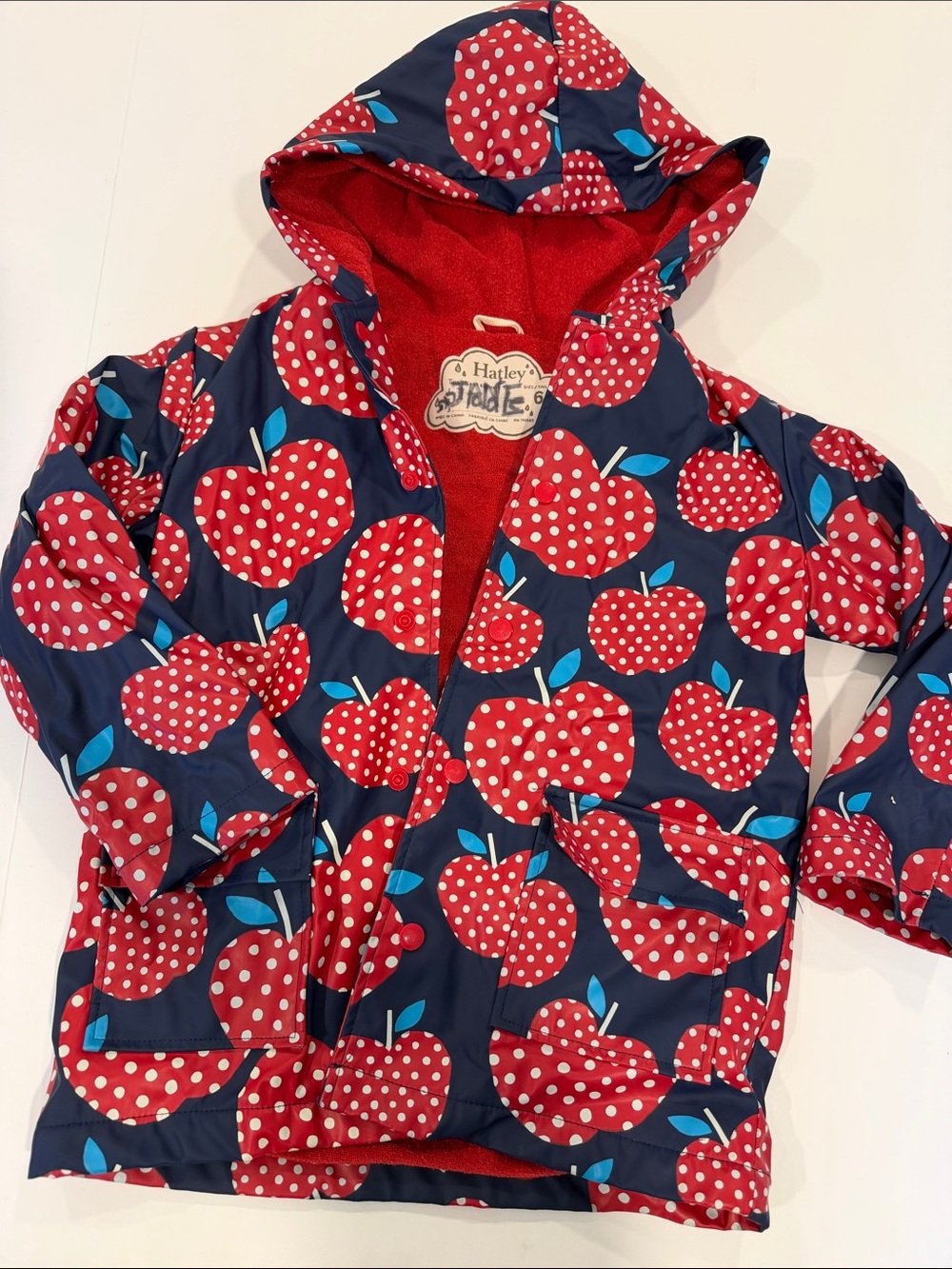 Hatley Navy Hooded Raincoat with Red Polka Dot Apple Print